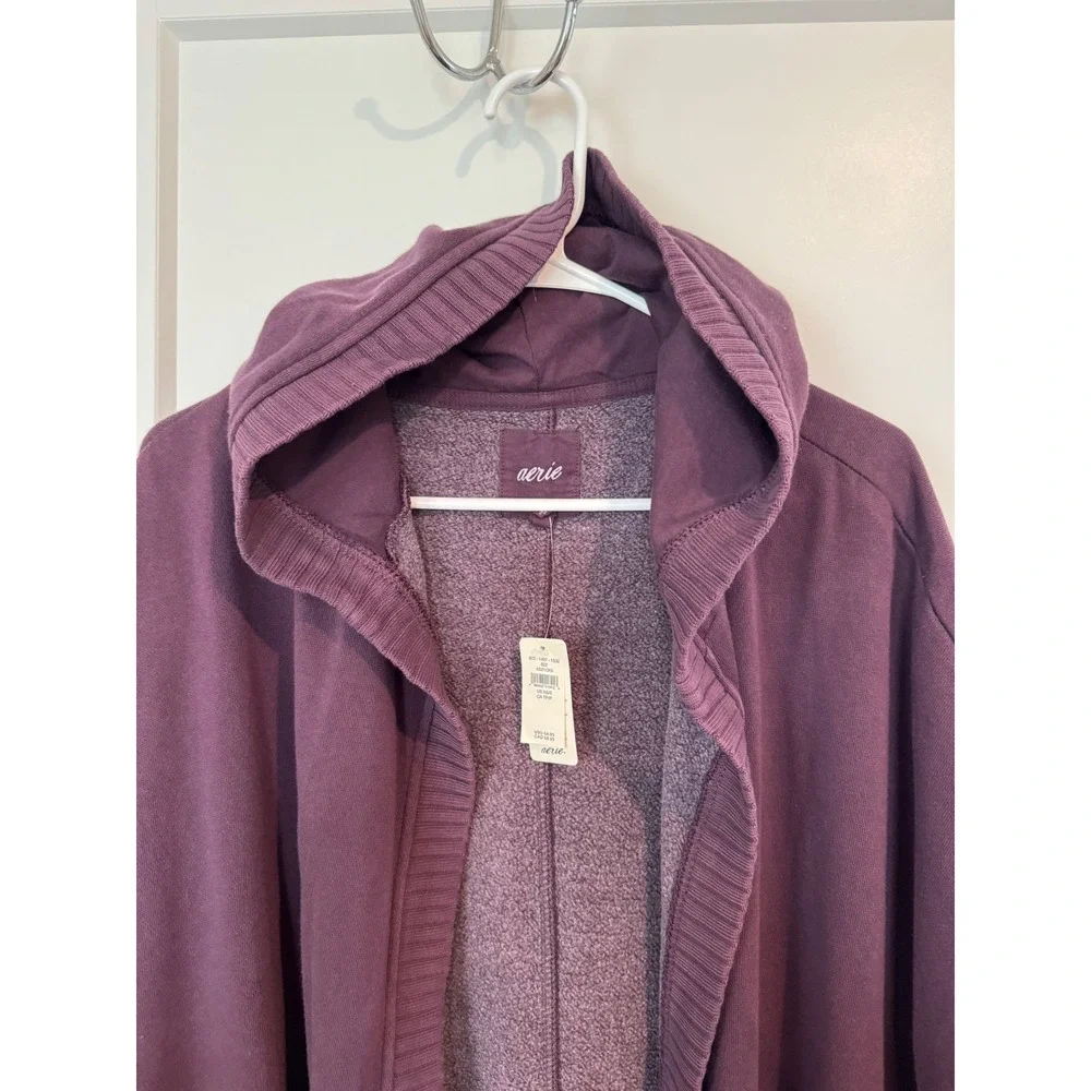 Aerie Womens Plum Purple Fleece Hooded Open Front Wrap Cardigan XS/S NWT - Picture 2 of 7